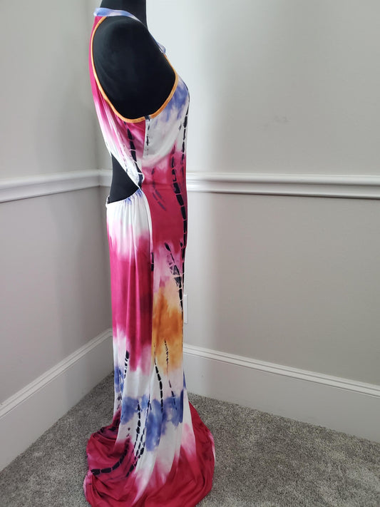Boho Chic Rainbow Tie-Dye Halter Maxi Dress with Flowing Hem