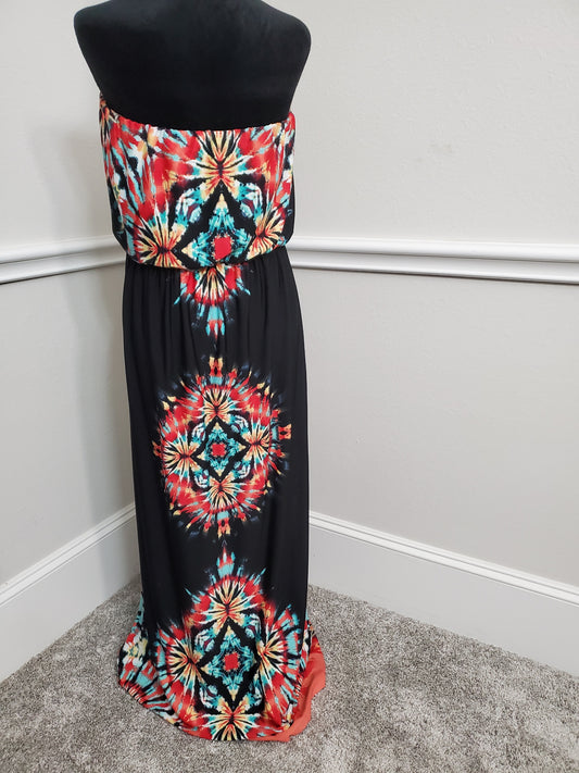 Boho Chic Black and Multi-Color Strapless Maxi Dress