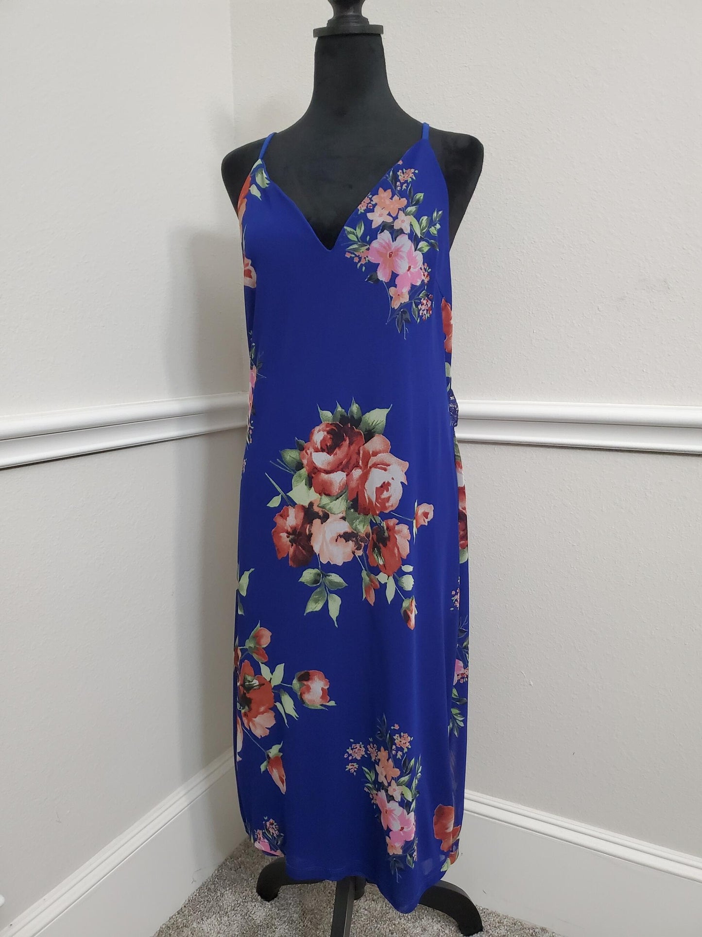 Stunning Cobalt Blue Floral Print Maxi Slip Dress - Size L/XL
