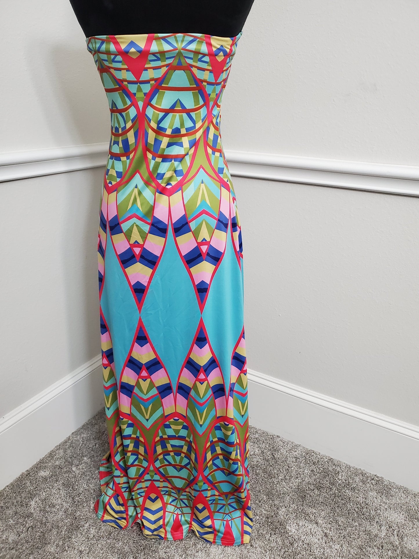 Vibrant Aztec Print Strapless Halter Maxi Dress