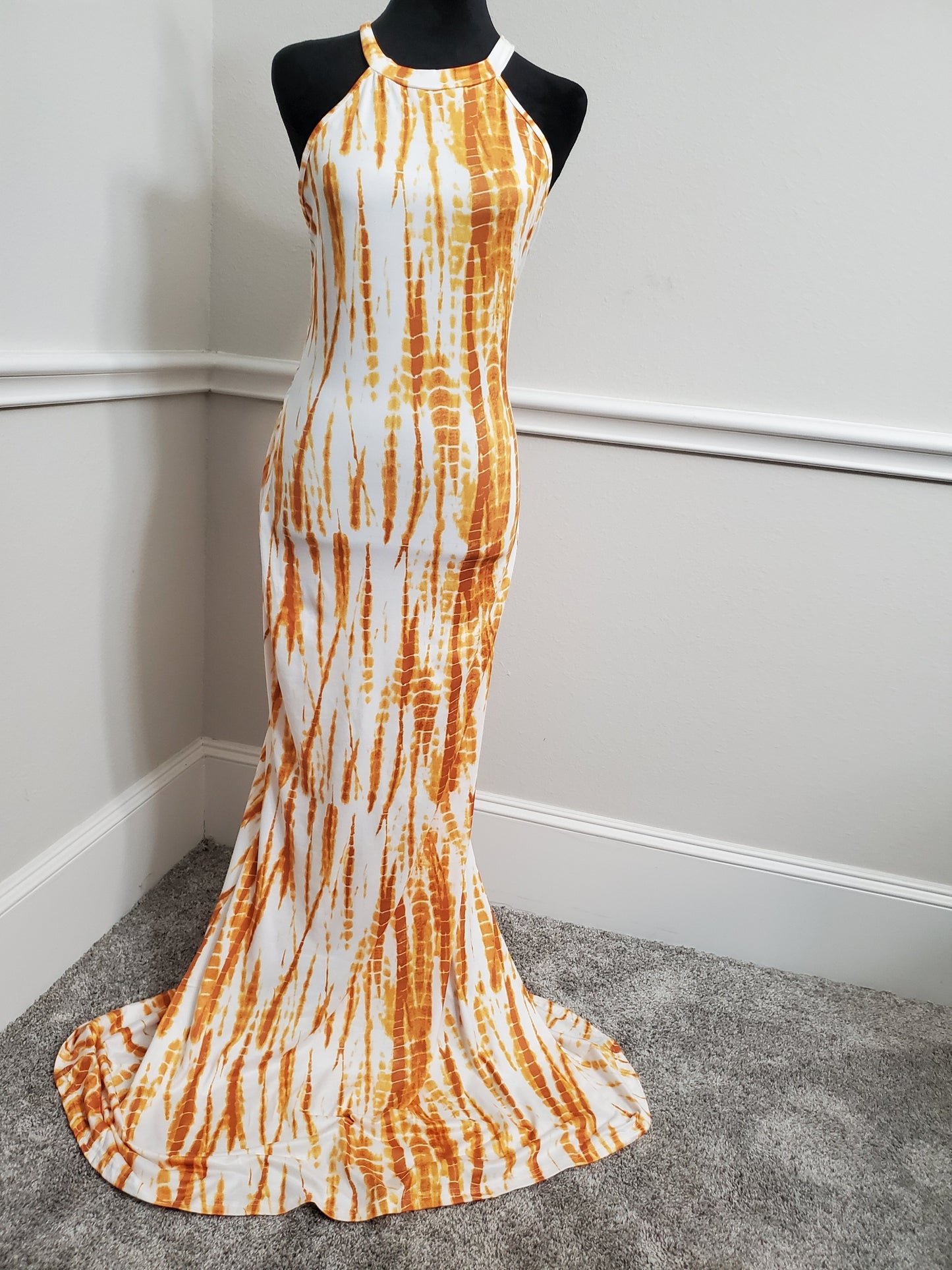 Sunset Tie-Dye Halter Maxi Dress with Fishtail Hem - Large