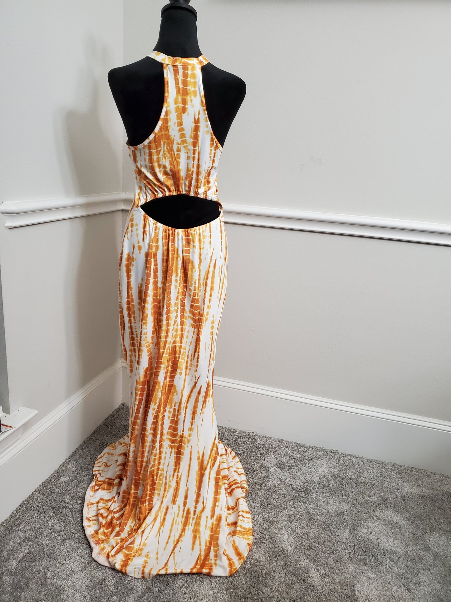 Sunset Tie-Dye Halter Maxi Dress with Fishtail Hem - Large