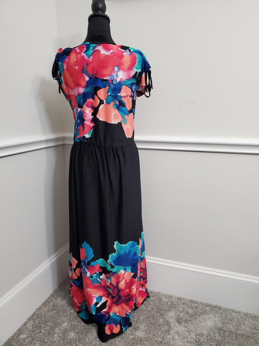 Floral Print Maxi Dress with Ruched Sleeves - XL