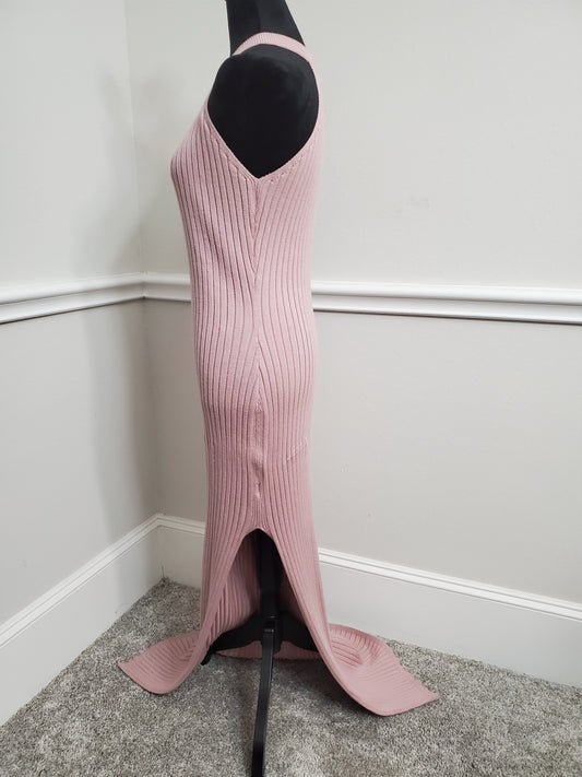 Elegant Mauve Ribbed Knit Halter Maxi Dress with Side Split- L/XL
