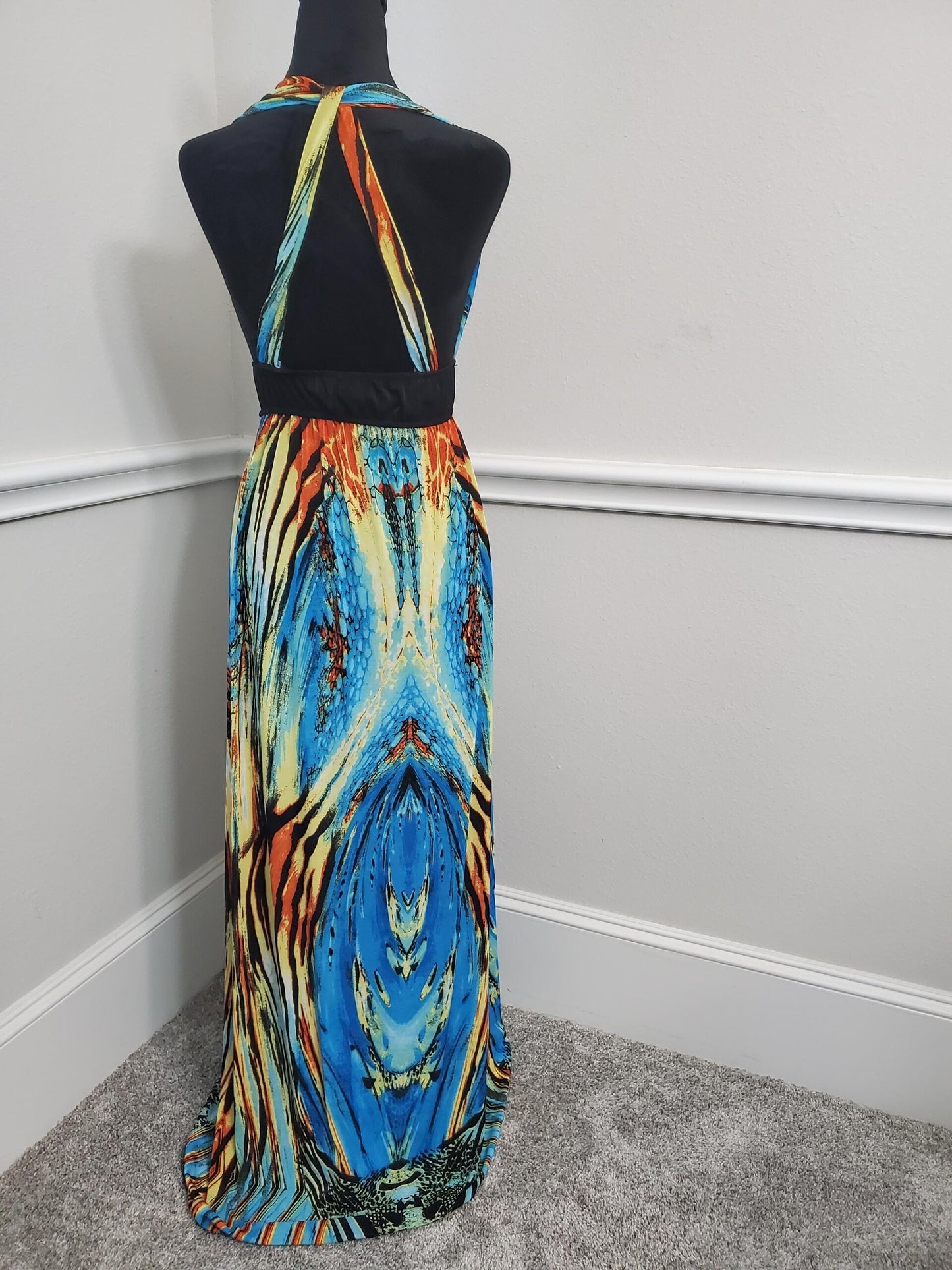 Vibrant Peacock Inspired Multi-Colored V-Neck Maxi Dress - Large