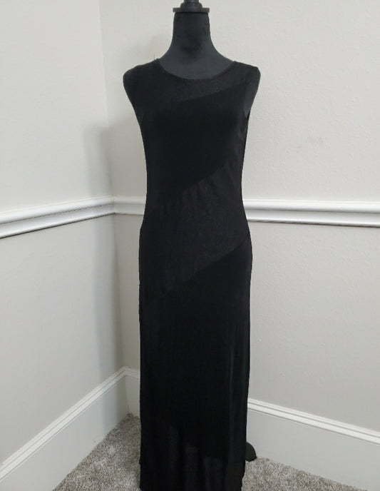 Elegant Black Asymmetrical Sheer Panel Maxi Dress - Medium
