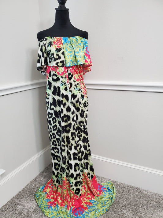 Animal Print Halter Top Maxi Dress With Side Split -2XL