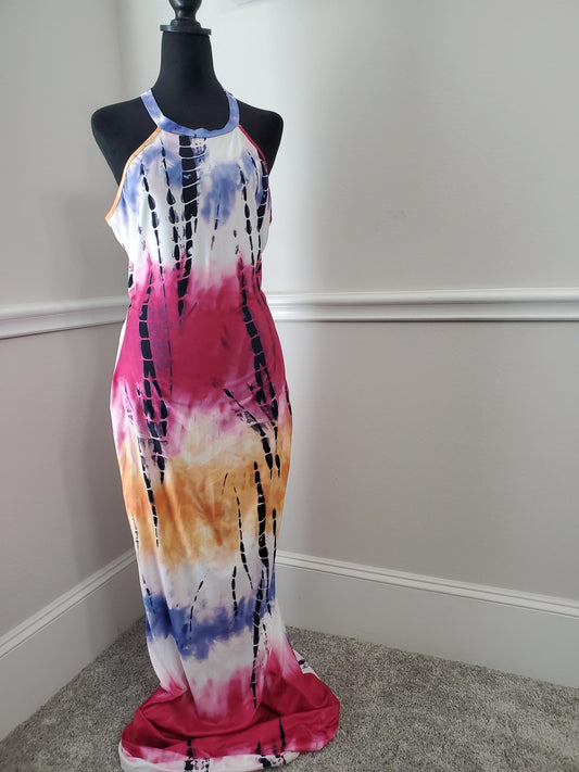 Boho Chic Rainbow Tie-Dye Halter Maxi Dress with Flowing Hem