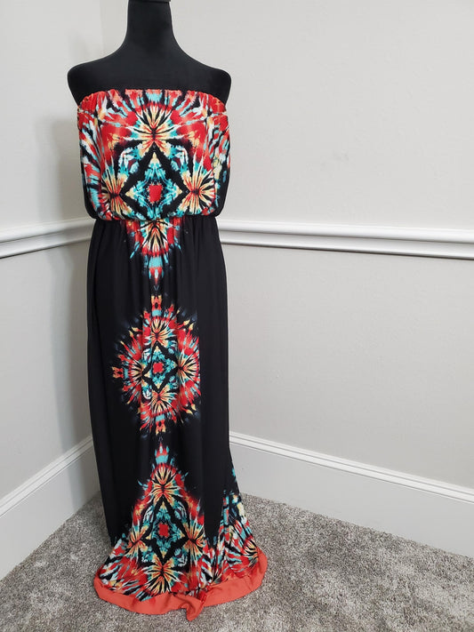 Boho Chic Black and Multi-Color Strapless Maxi Dress