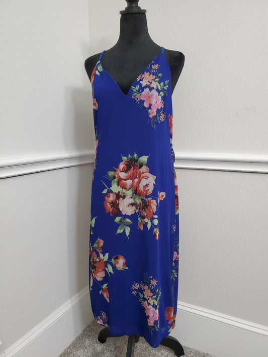 Stunning Cobalt Blue Floral Print Maxi Slip Dress - Size L/XL