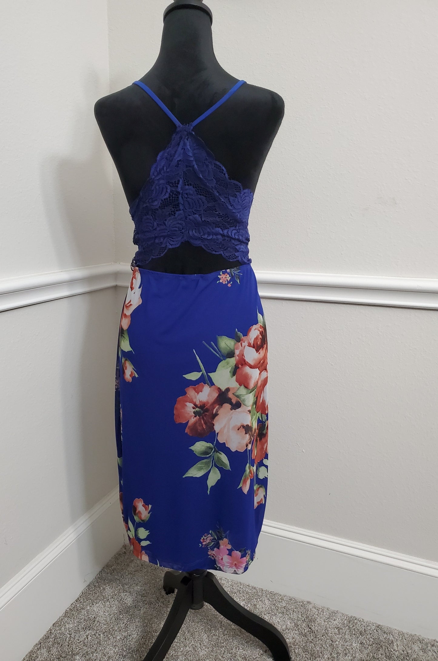Stunning Cobalt Blue Floral Print Maxi Slip Dress - Size L/XL