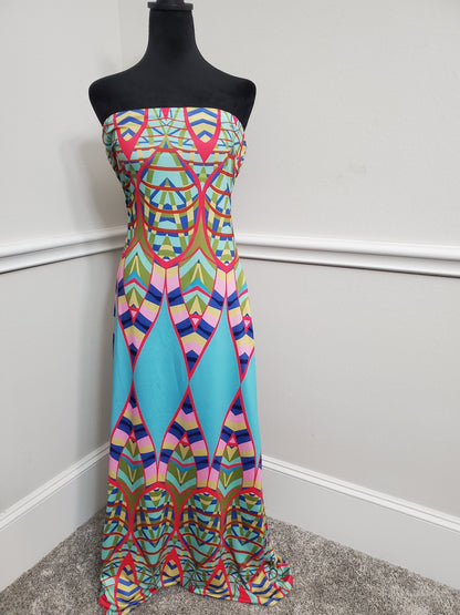 Vibrant Aztec Print Strapless Halter Maxi Dress