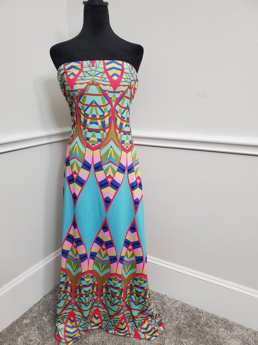 Vibrant Aztec Print Strapless Halter Maxi Dress