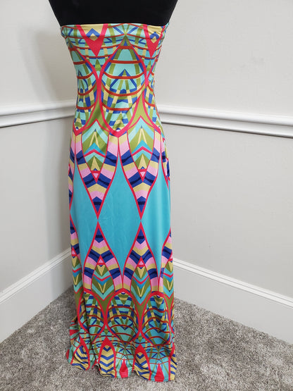 Vibrant Aztec Print Strapless Halter Maxi Dress