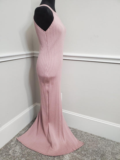 Elegant Mauve Ribbed Knit Halter Maxi Dress with Side Split- L/XL