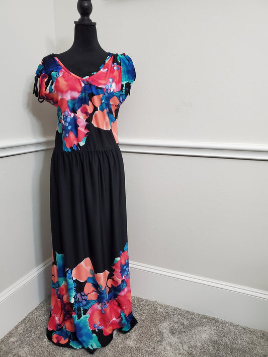 Floral Print Maxi Dress with Ruched Sleeves - XL