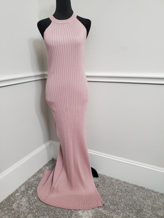Elegant Mauve Ribbed Knit Halter Maxi Dress with Side Split- L/XL