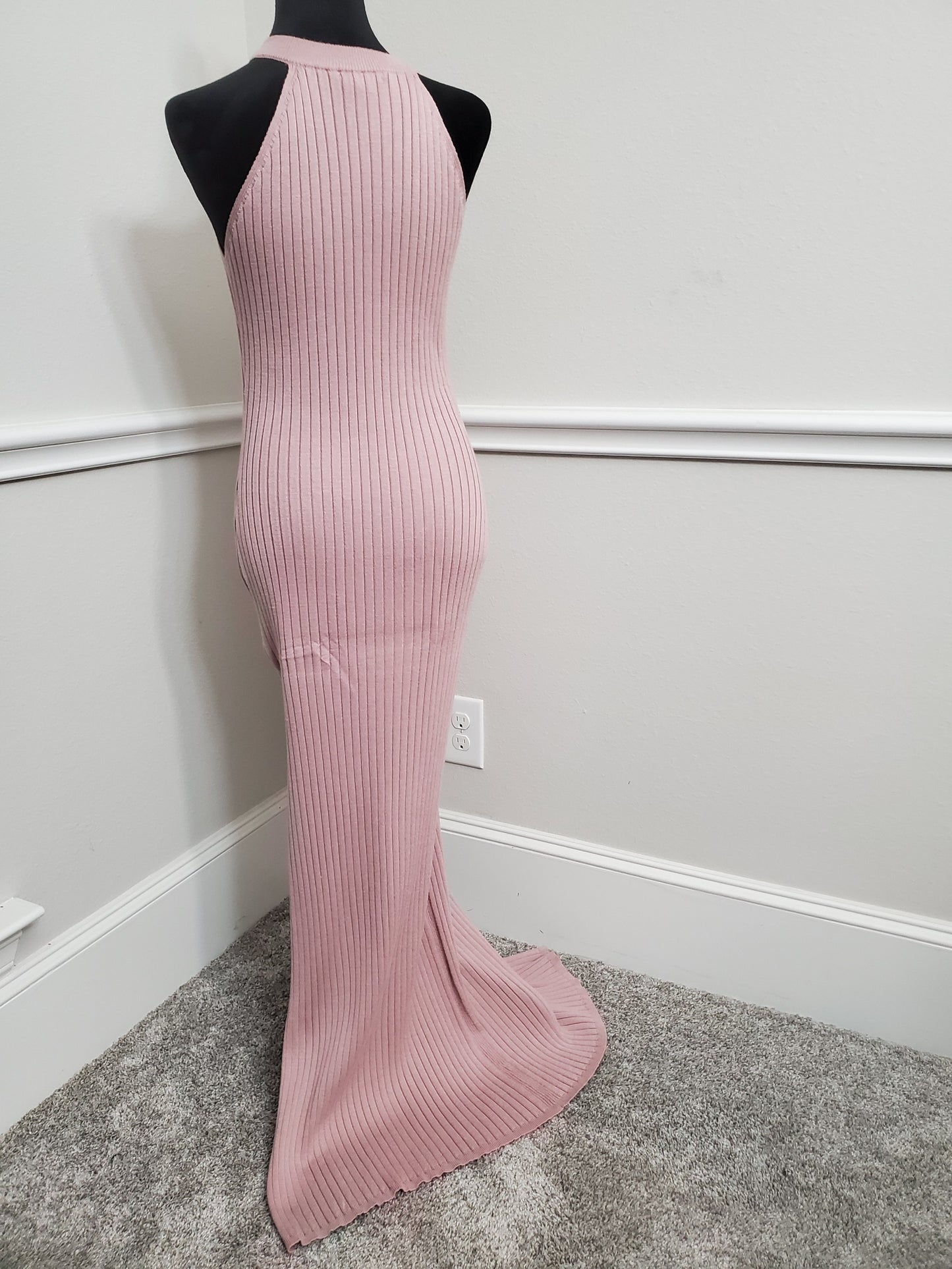 Elegant Mauve Ribbed Knit Halter Maxi Dress with Side Split- L/XL