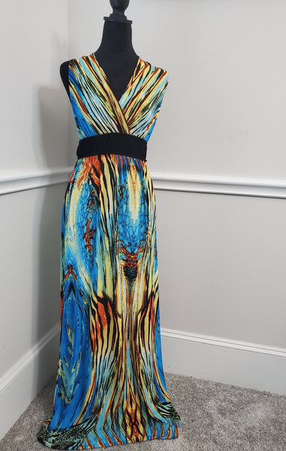 Vibrant Peacock Inspired Multi-Colored V-Neck Maxi Dress - Large
