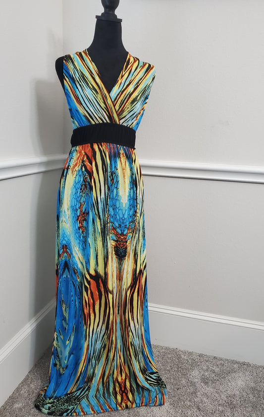 Vibrant Peacock Inspired Multi-Colored V-Neck Maxi Dress - Large